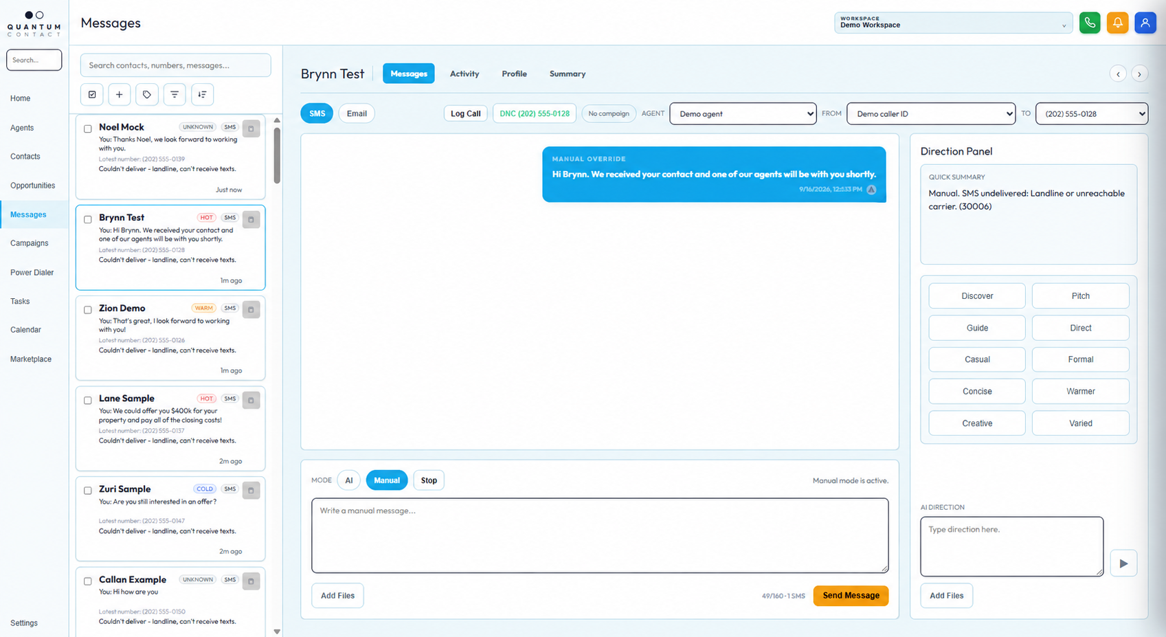 Quantum Contact Messages workspace interface capture